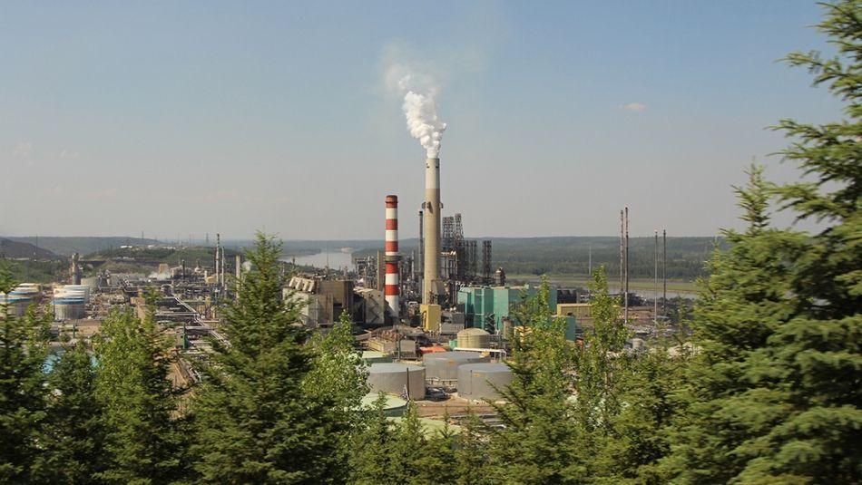 refinery visible in the distance from between tree cover.