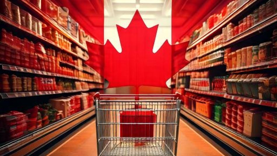 grocery cart with Canadian flag at the end of the store aisle.