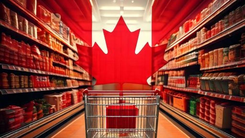 Chariot d'épicerie avec drapeau canadien au bout de l'allée du magasin.