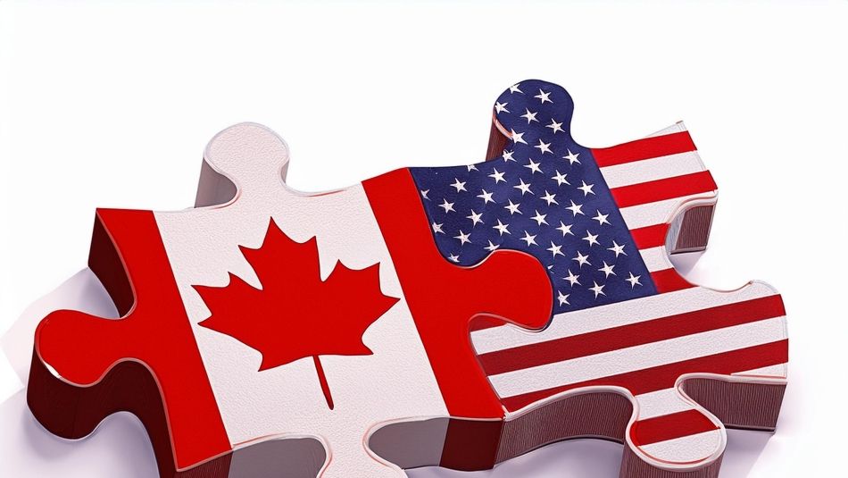 Canadian and USA flags as two puzzle pieces