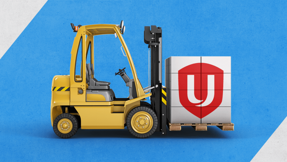 Warehouse Workers Unite forklift loaded with boxes with Unifor logo on them