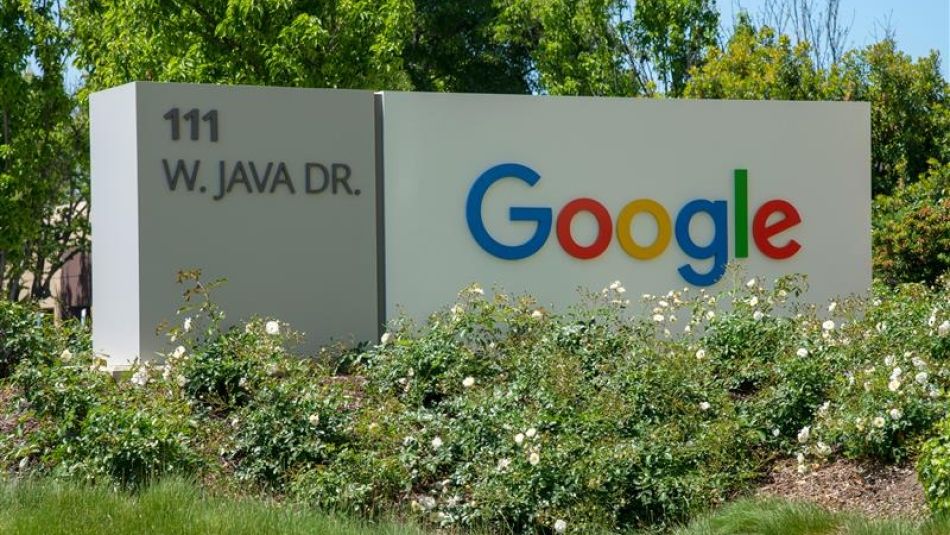 Exterior Google signage surrounded by green shrubs