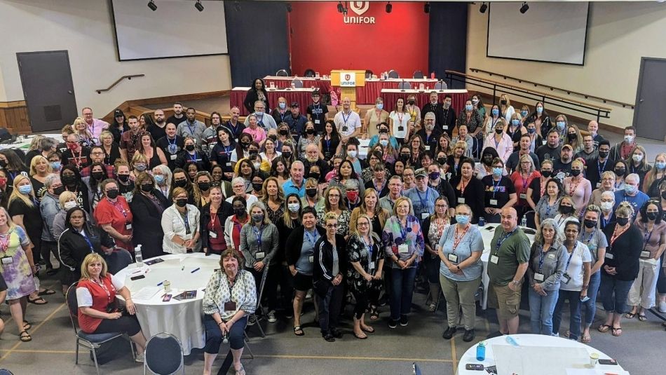 Group shot of more than 100 Unifor Health Care Conference delegates.