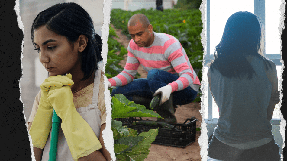 A women wearing yellow work gloves and leaning on a broom handle, a man working as an agricultural labourer and a woman sitting with her back to the camera.