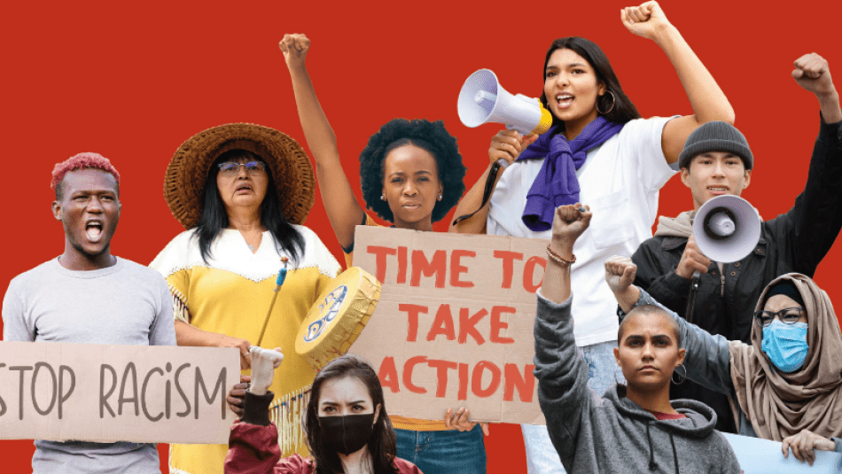 A diverse group of social activists with signs and a megaphone