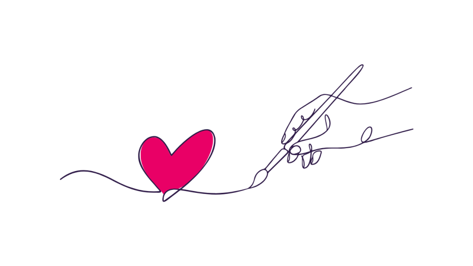 A line drawing of a hand paints a pink heart