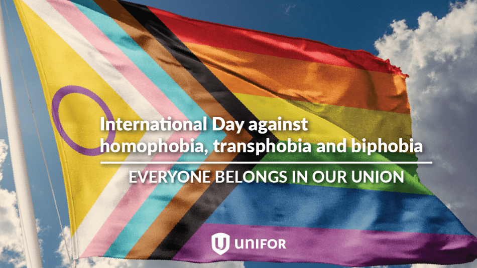 International Day Against Homophobia, Transphobia, and Biphobia rainbow flag with blue sky and clouds in the background.