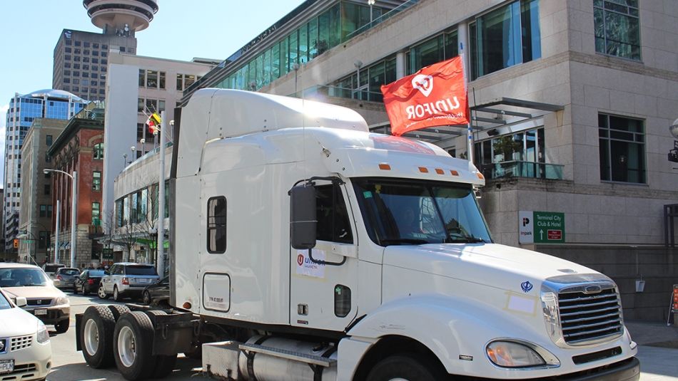 Container truck Tractor trailer in downtown Vancouver