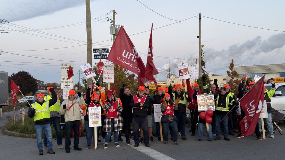 A large group of picketers holding up flags