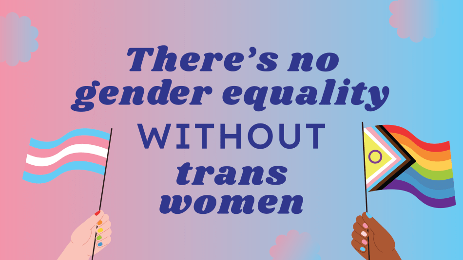 A pink-blue gradient background with the words "There's no gender equality without trans women". A trans-rights flag and an LGBTQ+ flag each fly either side of the text.