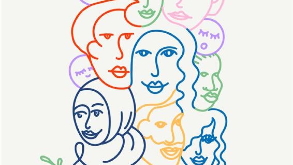 Abstract line art of diverse human faces in multiple colors, with symbols like a heart and olive branch; UN Human Rights logo and "Our Everyday Essentials" text at the bottom.