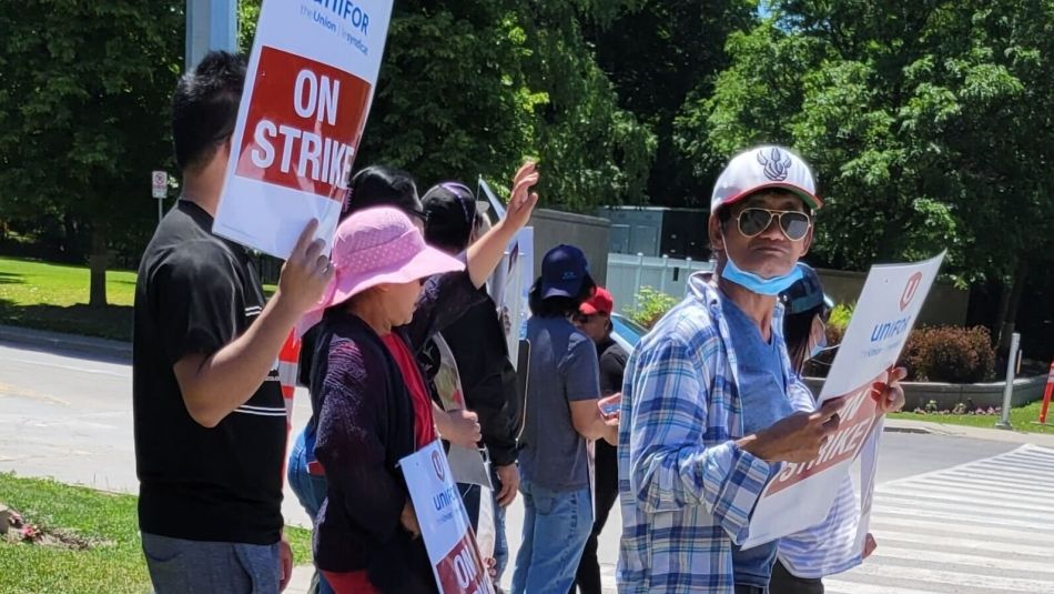 workers standing on a curb holding picket signs in the sun