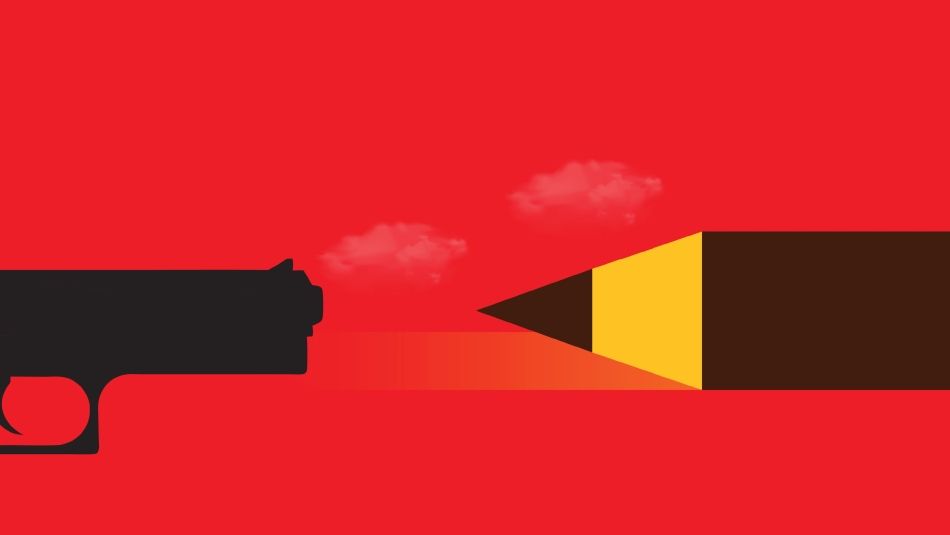 A gun pointing at the tip of a pencil