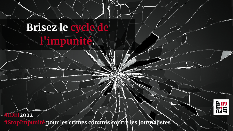 Du verre brisé avec des caractères rouges indiquant "Brisez le cycle de l'impunité".