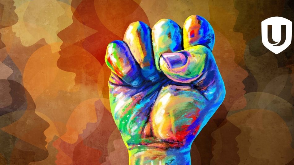 Colourful fist in the air, surrounded by silhouettes in watercolour style.