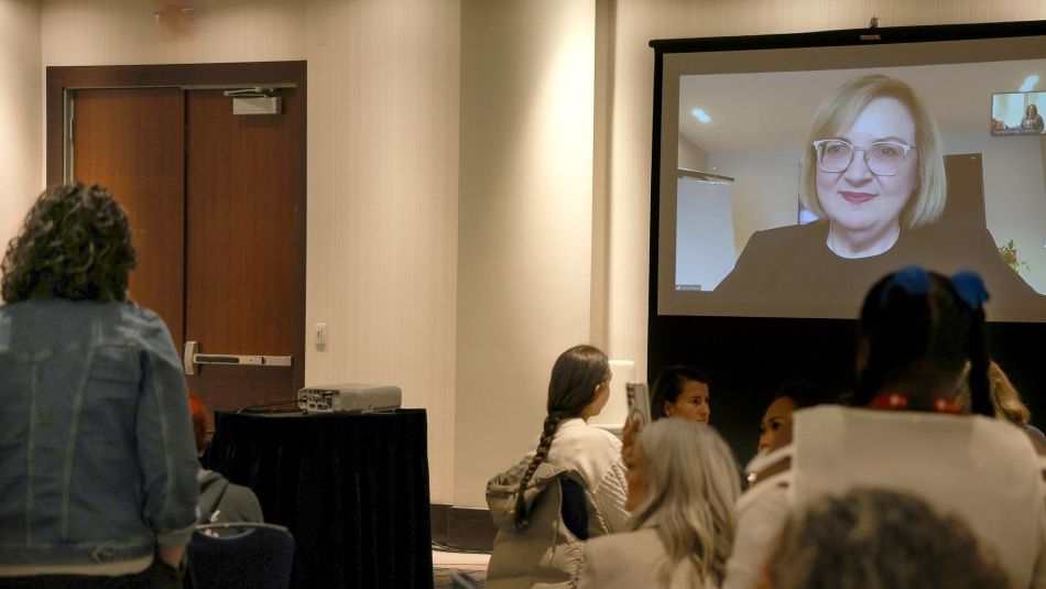 Unifor President Lana Payne appearing via video call at the Unifor B.C. Regional Women's Conference.