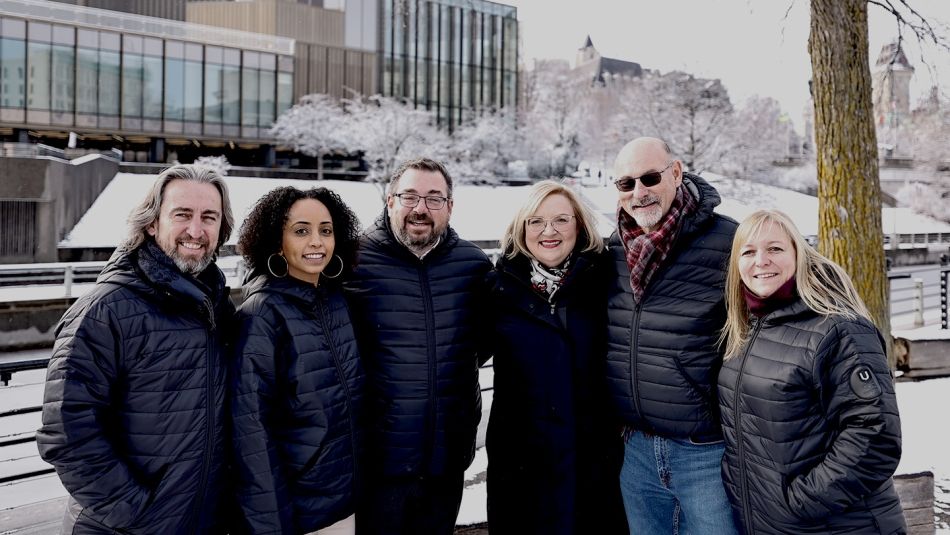 Gavin McGarrigle, Samia Hashi, Daniel Cloutier, Unifor President Lana Payne, Len Poirier and Jennifer Murray