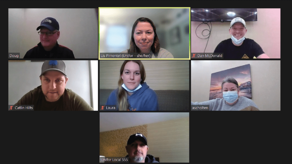 Unifor Local 555 bargaining committee team members in a Zoom meeting during negotiations.