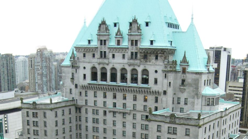 The top 10 floors and roof of the Fairmont Hotel Vancouver.