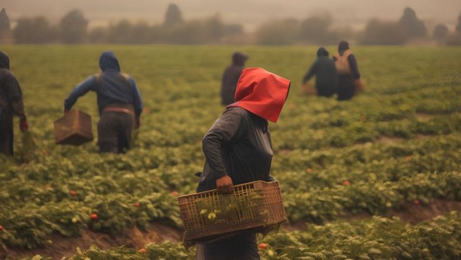 Migrant workers in a field harvesting crops. The foreground shows a person in a grey jacket and red hood carrying a plastic crate.