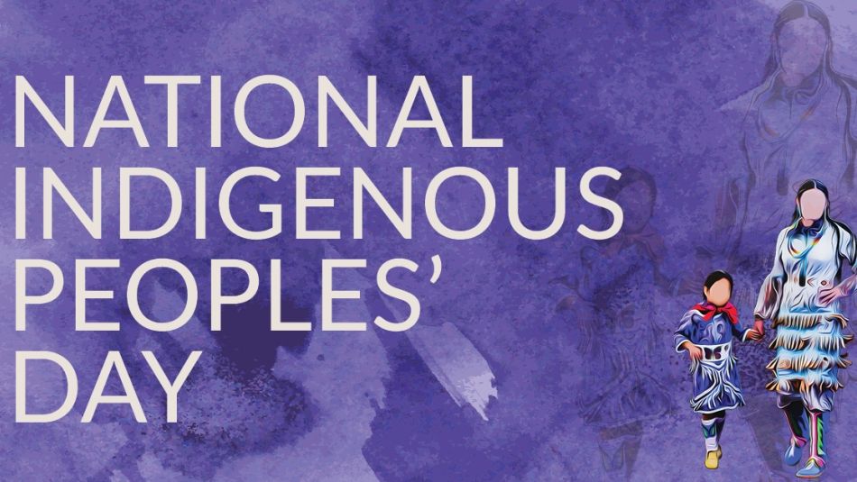 An indigenous woman and child with a purple background on National Indigenous Peoples day poster