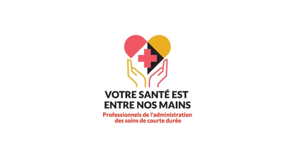 Un logo représentant deux mains en coupe autour d'un cœur avec une croix rouge en son centre. Le texte dit : "Votre santé est entre vos mains. Professionnels de l'administration des soins de courte durée".