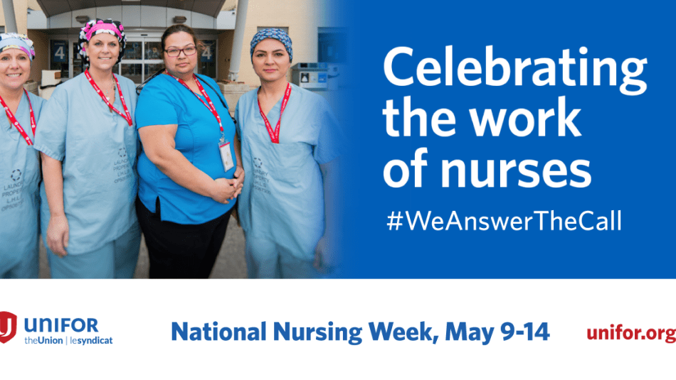 Nursing Week Celebrating the work of Nurses. Four nurses in scrubs smiling.