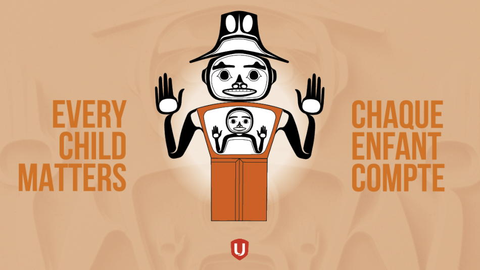 Elder and child artwork Stylized Indigenous illustration of an elder with a child set inside with the slogan "Every Child Matters" and the French "Chaque Enfant Compte"
