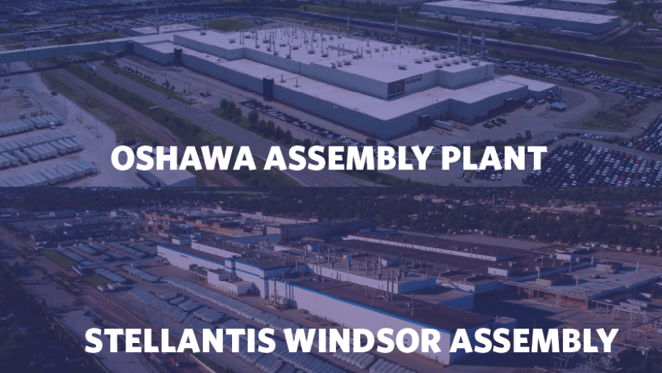 aerials of GM Oshawa Assembly and Stellantis Windsor Assembly plants 