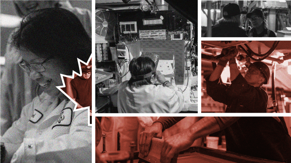 Protect Canadian Jobs A collage of black and white photos, some with a red overlay, of workers in different industries. All of the photos are squares and rectangles. One photo is cut out in the shape of a half maple leaf.