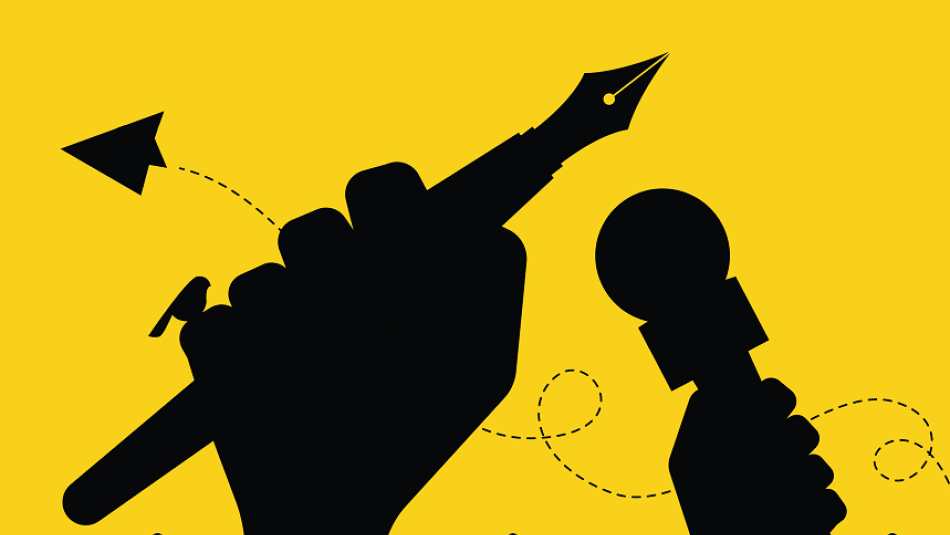 A silhouette of a hand holding a pen and hand holding a microphone with a silhouette of barbed wire fence at the bottom. Press Freedom Day EN_FR.PNG  