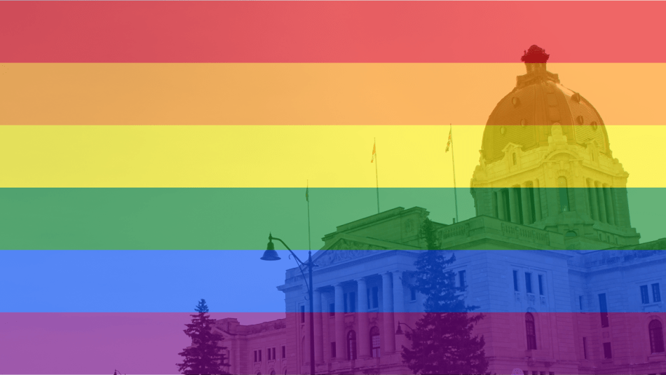 Pride flag superimposed over photo of the Saskatchewan legislature