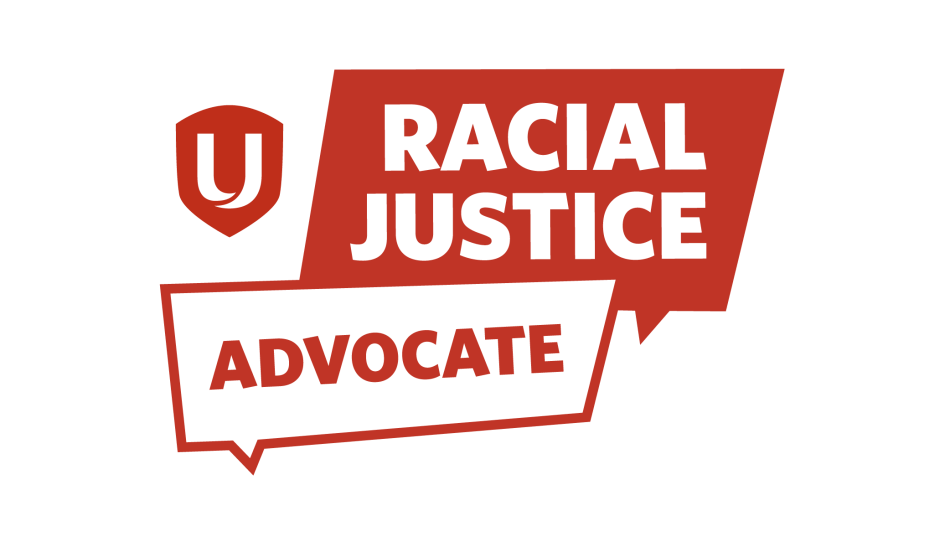 Racial Justice Advocate logo in rectangle speech bubbles