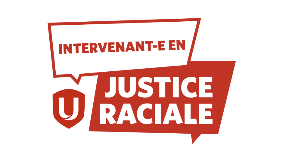 Logo de la justice raciale dans des bulles de dialogue rectangulaires rouges et blanches.