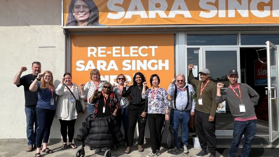 Unifor members canvass for Sara Singh in Brampton.