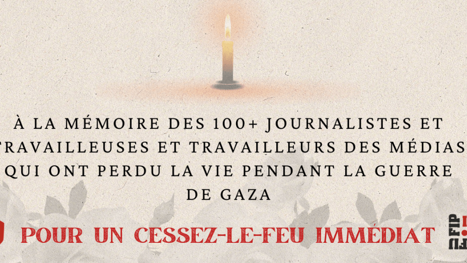 Une chadelle qui lumineuse avec le texte « à la mémoire des 100 plus journalistes et travailleuses et travailleurs des médias qui on perdu la vie pendant la guerre de Gaza » avec les logo d'Unifor et du FIJ