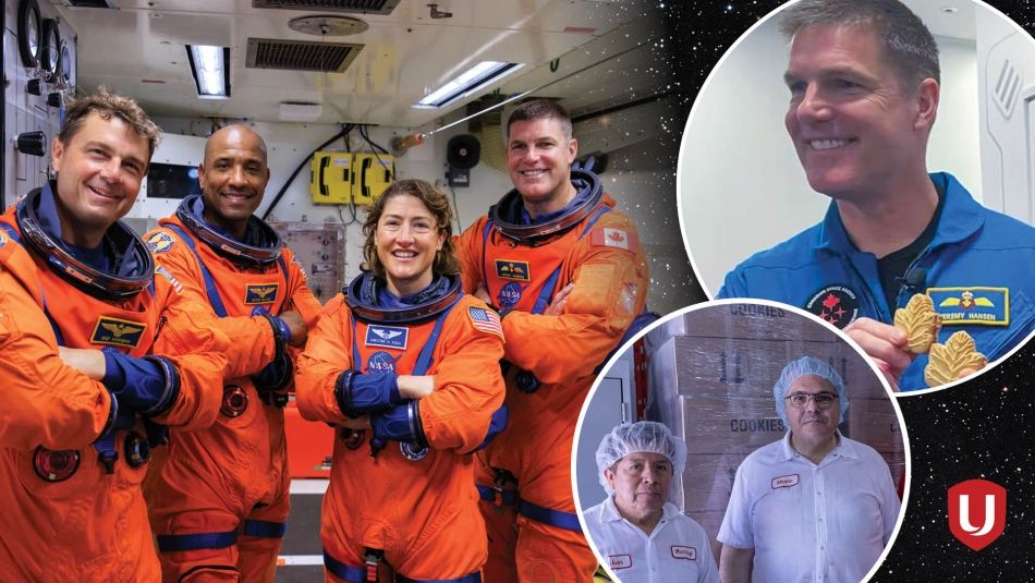 the crew of Artemis II and a clip of two Unifor members and the cookies they make
