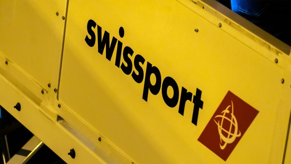 A Swissport logo in black and red against a yellow background.