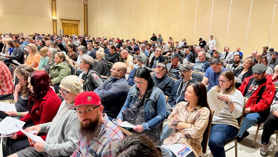 Unifor Local 444 members from TRQSS seated in the Local 444 union hall for a ratification meeting