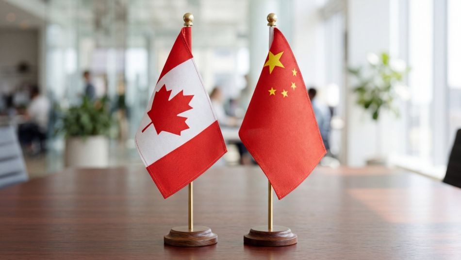 Two small desktop versions of a Canadian and Chinese flag.
