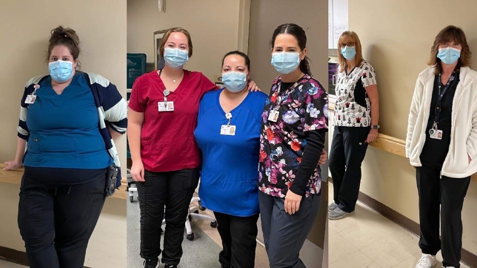 Unifor Local 302 long-term care members wearing masks at work in Sarnia, Ontario.