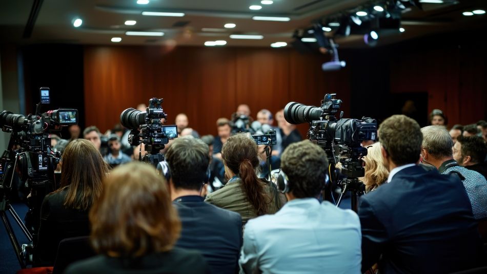 A group of reporters at a scrum with video cameras.