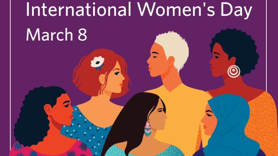Illustration of six women, Embrace Equity IWD, Unifor logo