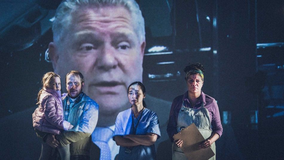 Doug Ford's face on a video screen with a family standing in front 