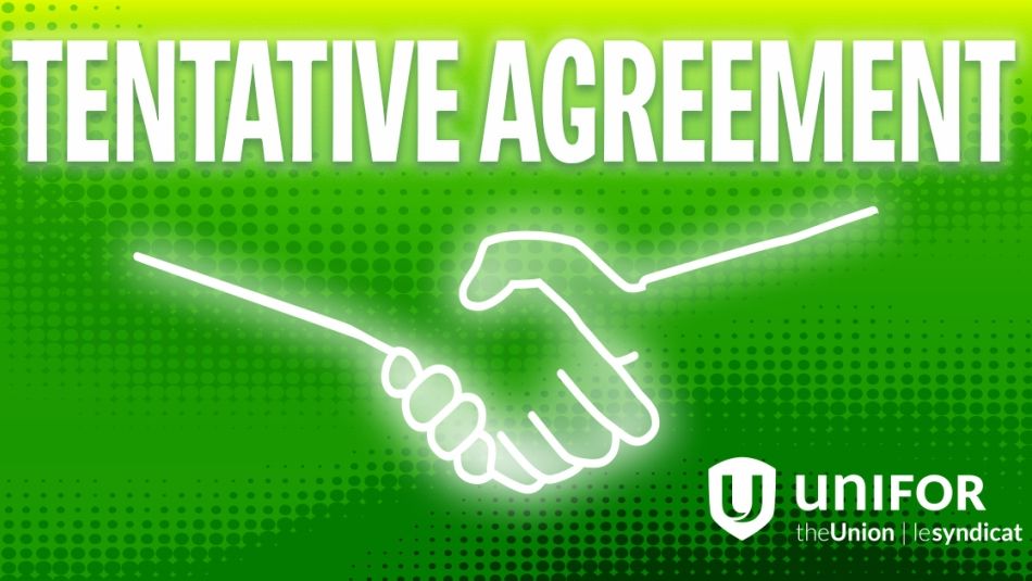 “Graphic with illustrated image of shaking hands and the words Tentative Agreement on a green background.”