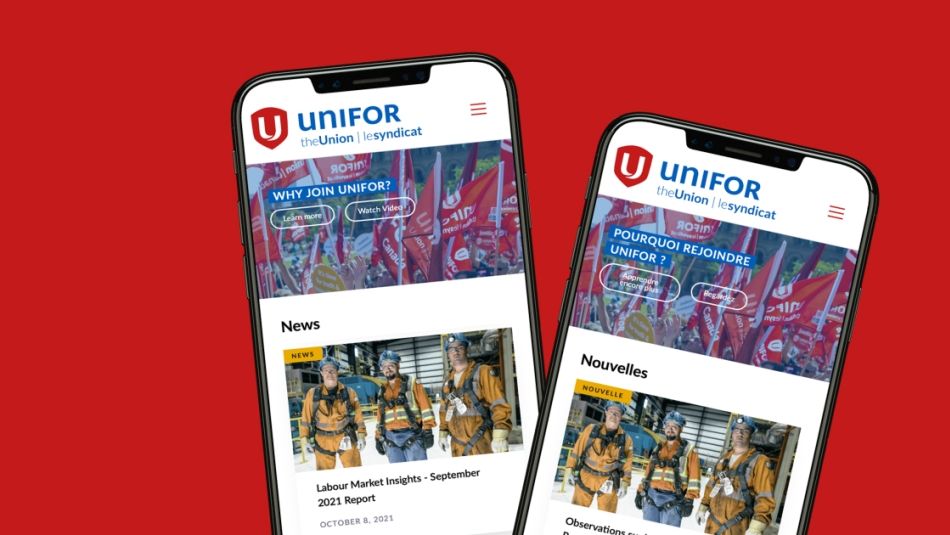 Two iPhones on a red background, one displaying the French unifor.org home page and the other displaying the English home page
