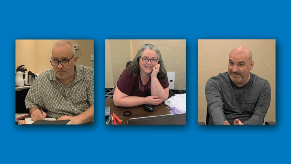 be "Three Unifor Securitas Unit Chairs pictured at the bargaining table during 2022 negotiations."