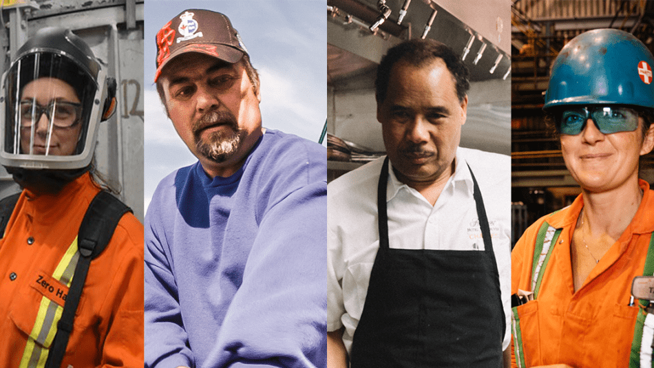 collage de quatre portraits de travailleurs dans divers environnements intérieurs et extérieurs.