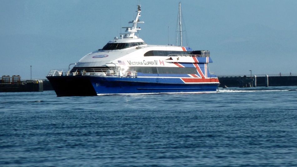 Catamaran ferry on the water with mountains in the distance.