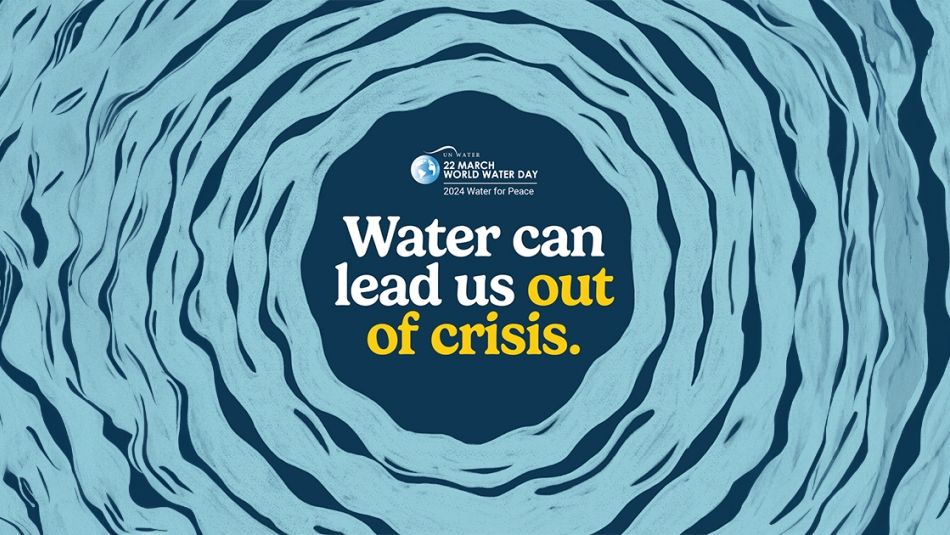 Wavy hand illustrated circles surrounding the text 'Water can lead us out of crisis' and a small World Water Day logo